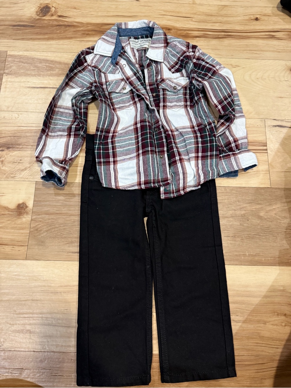 Cody James Boys 4T Western Outfit – Plaid Pearl Snap Shirt & Black Jeans